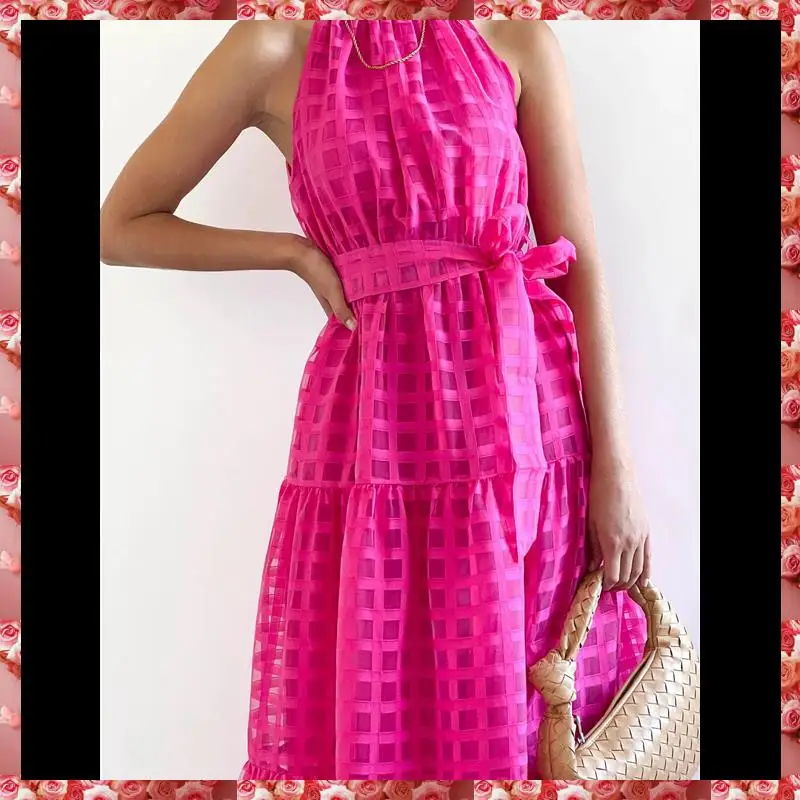 فستان نسائي صيفي طويل منقوش عليه زهور بدون أكمام ورقبة رسن وحاشية مكشكشة فساتين بوهو طويلة مع حزام