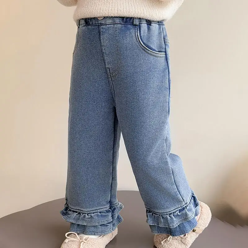 

Girl Thicken Autumn Lace Straight-Leg Pants Jeans Child Versatile Keep Warm Kawaii Fashion New Style Casual Clothing Homewear