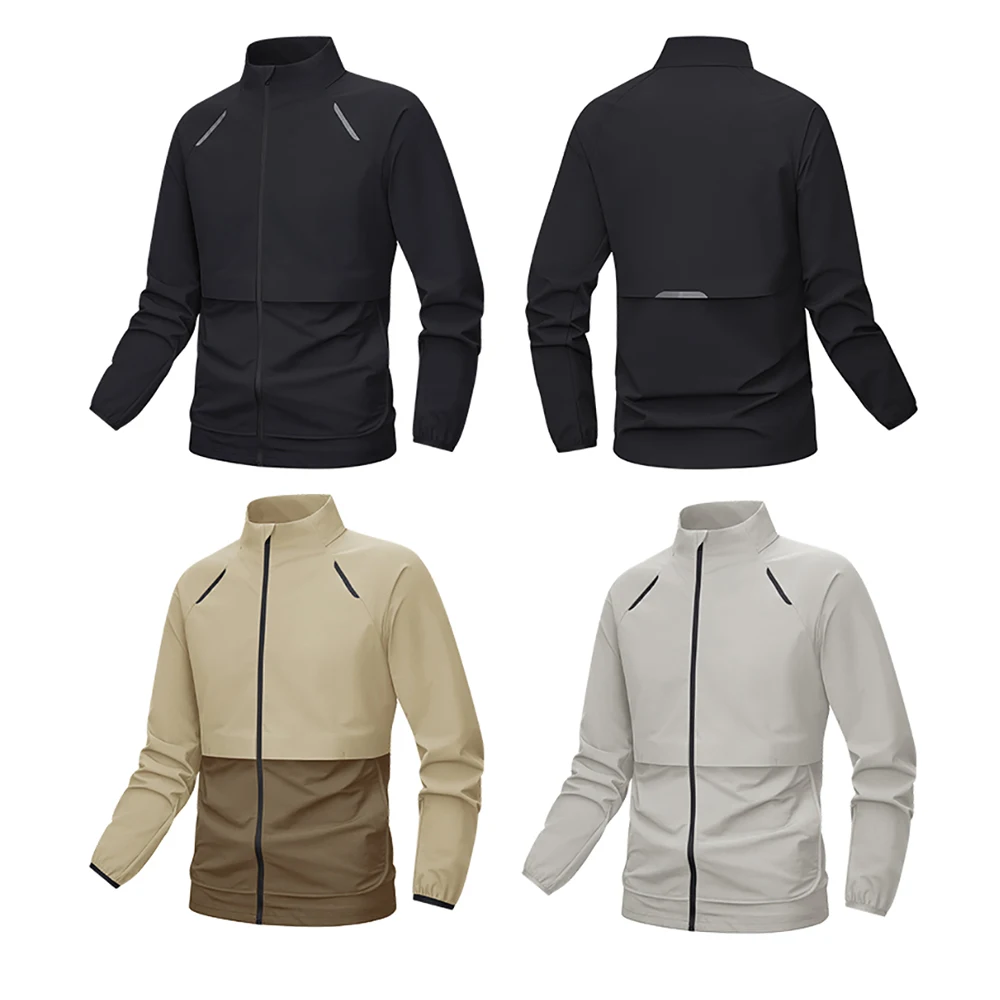 Men Lightweight Quick‑Dry Windbreaker Jacket Stand‑Up Collar Reflective Detail Zipper Pockets Outdoor Jogging Sports Outerwear