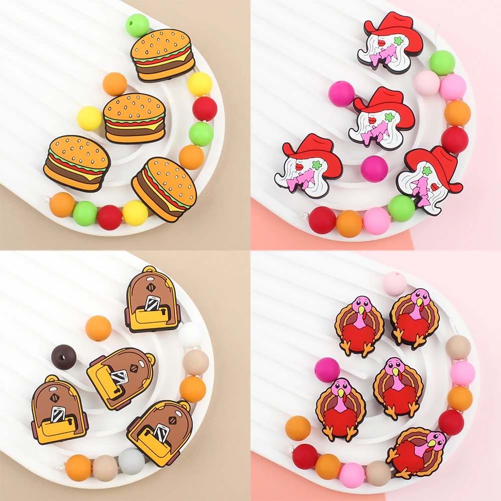 5pcs Focal Beads Silicone Loose Beads Hamburger Schoolbag Girls Shape DIY Pacifier Chain Accessories For Pens Jewelry Making