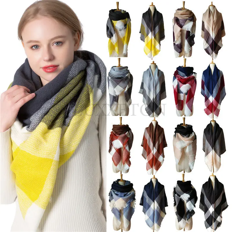 Casual Women Winter Scarf Triangle Knitted Scarf for Ladies Plaid Shawl Wrap Female Scarves Bufanda 140*140