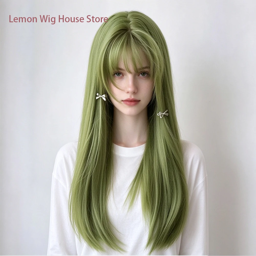 Green Long Straight Wig with Bangs Natural Layered Synthetic Wig for Women Cosplay Wig Lolita Party Halloween Costume Wigs Парик