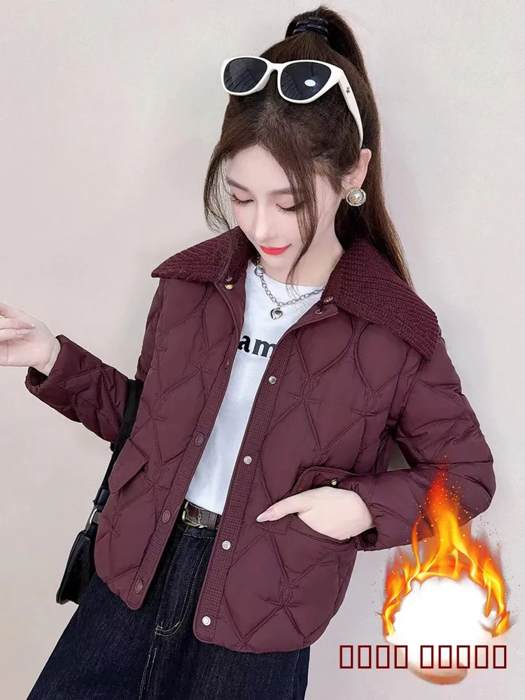 

Unique Sli Thiened Cotton Jaet Women's Sle Winter Warm Stand Collar Long Sve Button up Flat Pattern Splicing