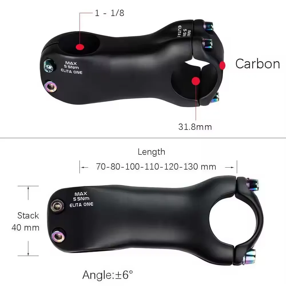 Elitaone Fahrradvorbau aus Carbon, ultraleicht, 120 g, MTB/Rennrad, -6-Grad-Vorbau, 60–120 mm – Detail 1