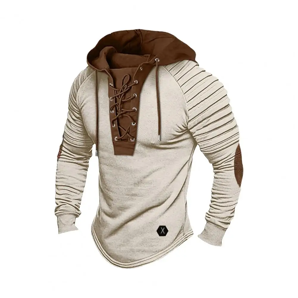 

Men's Hoodie Pleated Shoulder Tie Drawstring Color Block Hooded Slim Fit Stretch Long Sleeve Retro Men's Daily Top