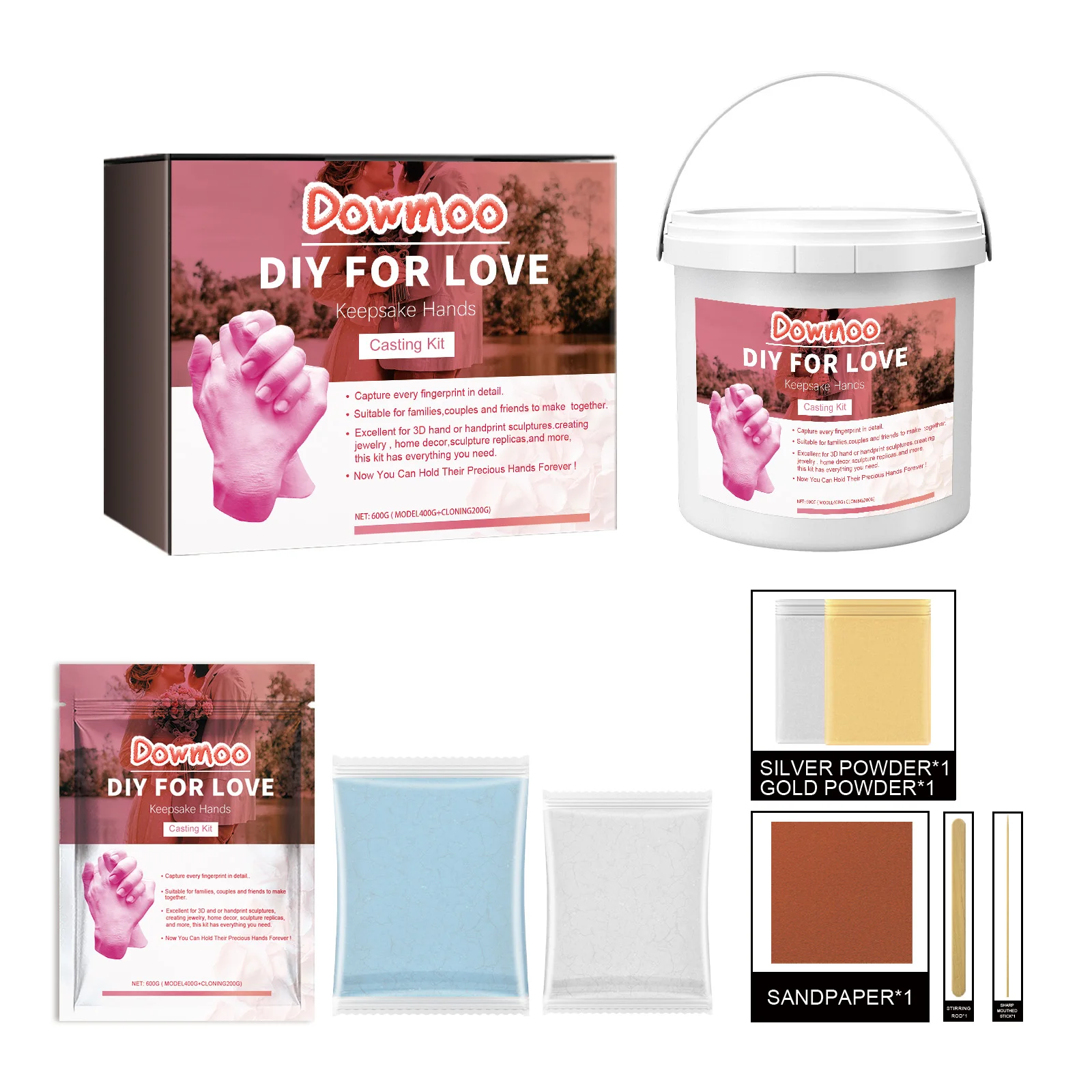 Couples Hand Casting Kit - Box, Sodium Alginate 3D Clone Powder, DIY 3D Keepsake Plaster Hand & Foot Casting Kit for Couples, Families, Friends & Anniversary Memorial Gifts
