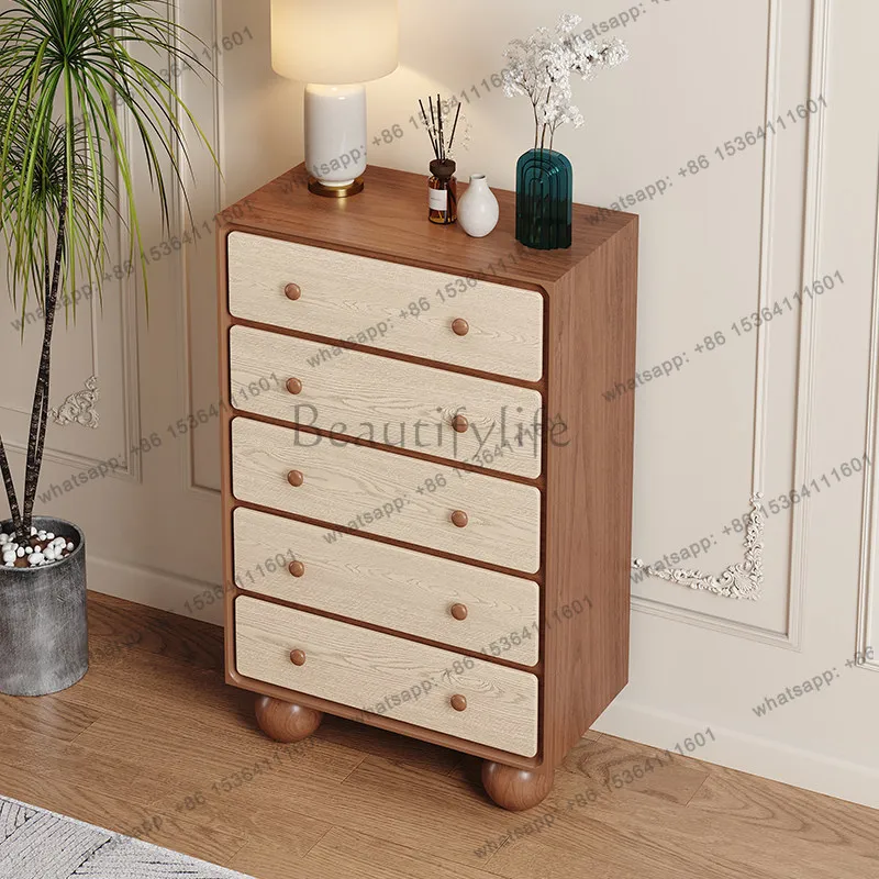 Medieval solid wood storage cabinet, living room against the wall, Nordic retro bucket cabinet, drawer cabinet