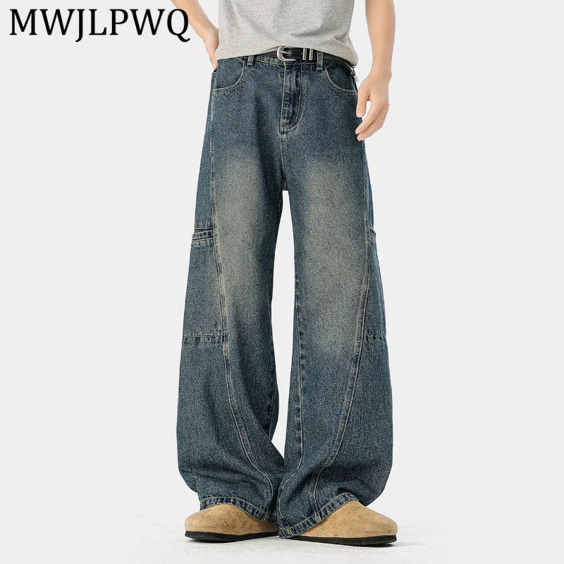 

MWJLPWQ Vintage Blue Washed Draped Workwear Jeans For Men 2026 New Trendy Loose Slimming Straight Wide-Leg Pants Autumn 15844