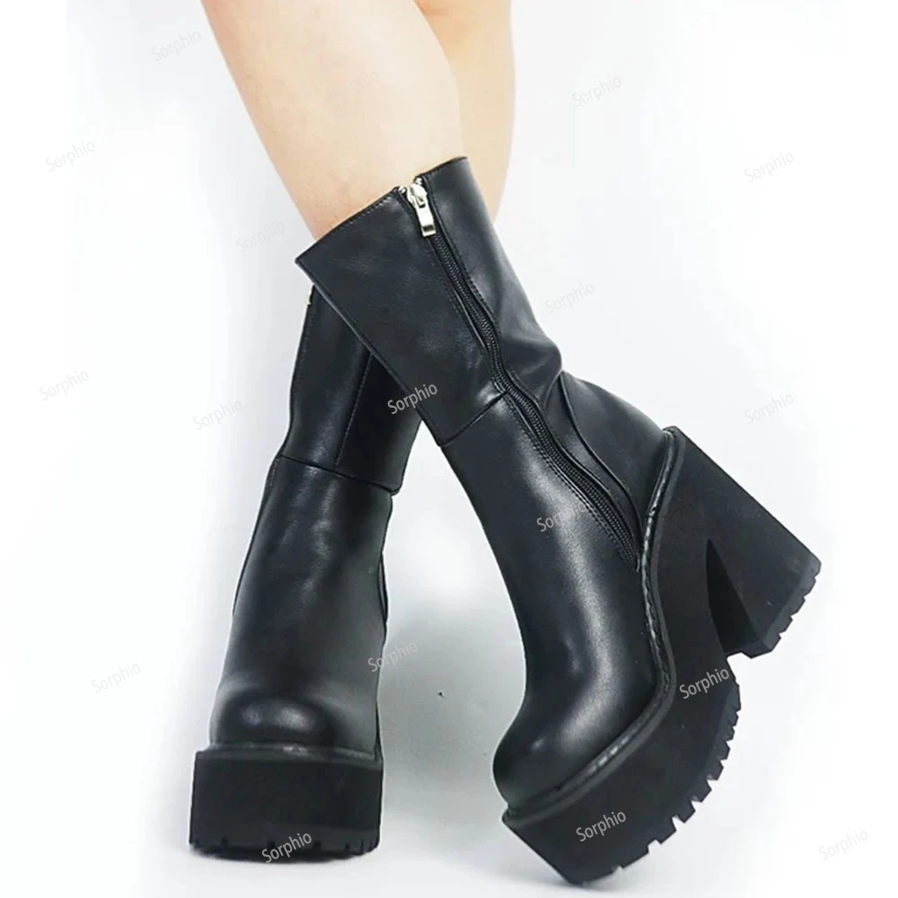 Sorphio Zipper Motorcycle Mid-calf Boots Platform Chunky Block High Heel Round Toe Punk Cool Fashion Ankle Boots For Woman Shoes