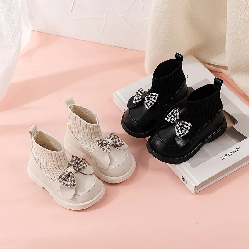 2025 New Toddlers Girls Fashion Boots Sweet Bowknot Princess Children Ankle Boots Non-slip Soft Kids Fashion Socks Boots Elegant