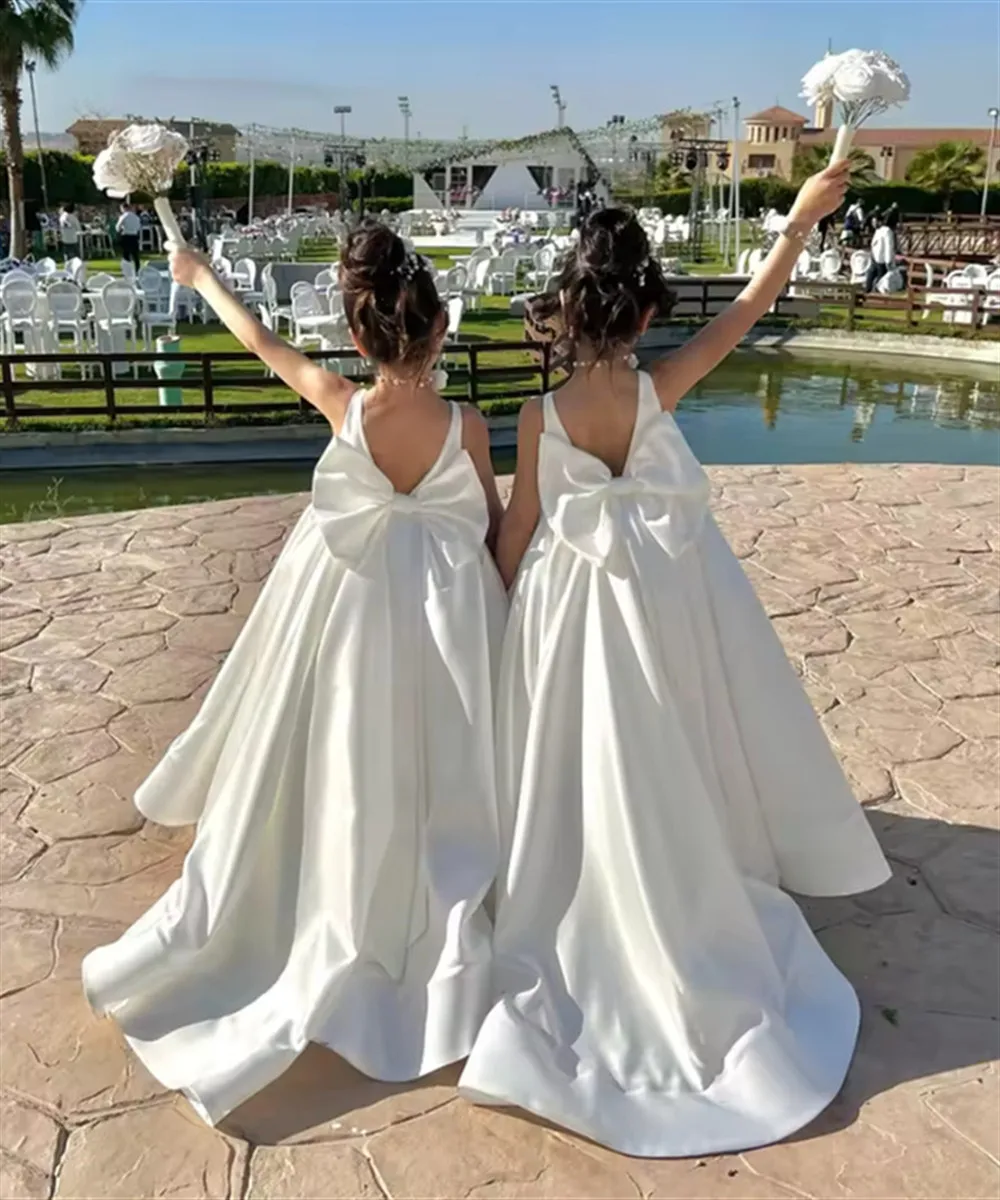 Elegancka satynowa sukienka dla dziewczynki na wesele, bez rękawów, z kokardą, sukienka dla dzieci, młodszej druhny, na przyjęcie urodzinowe, vestidos de comunión