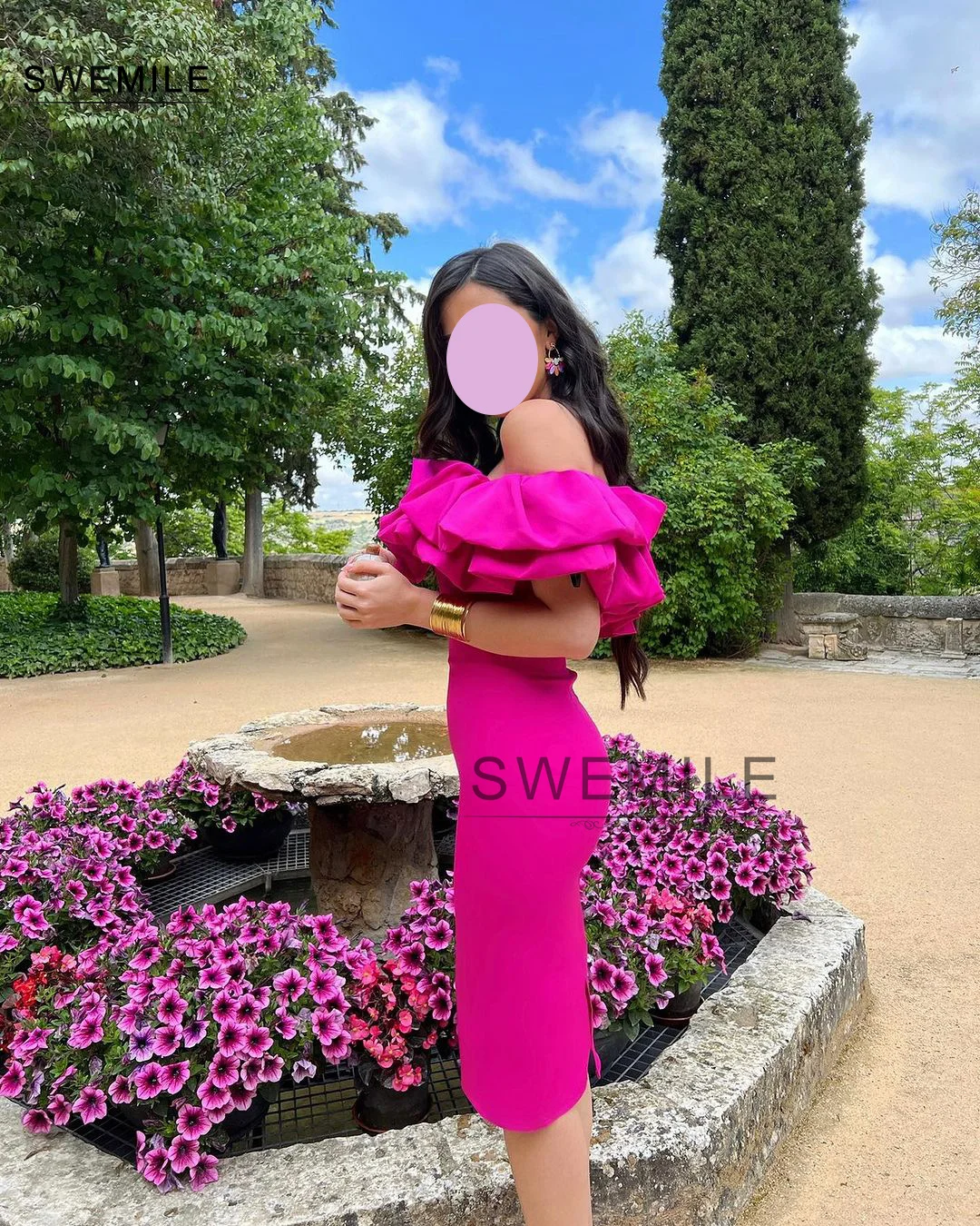 SWEMILE Rost Pink Column Off-The-Shoulder Neckline Slit Zipper Up Flowers Tea-Length Evening Dress Party Dresses Wedding Party