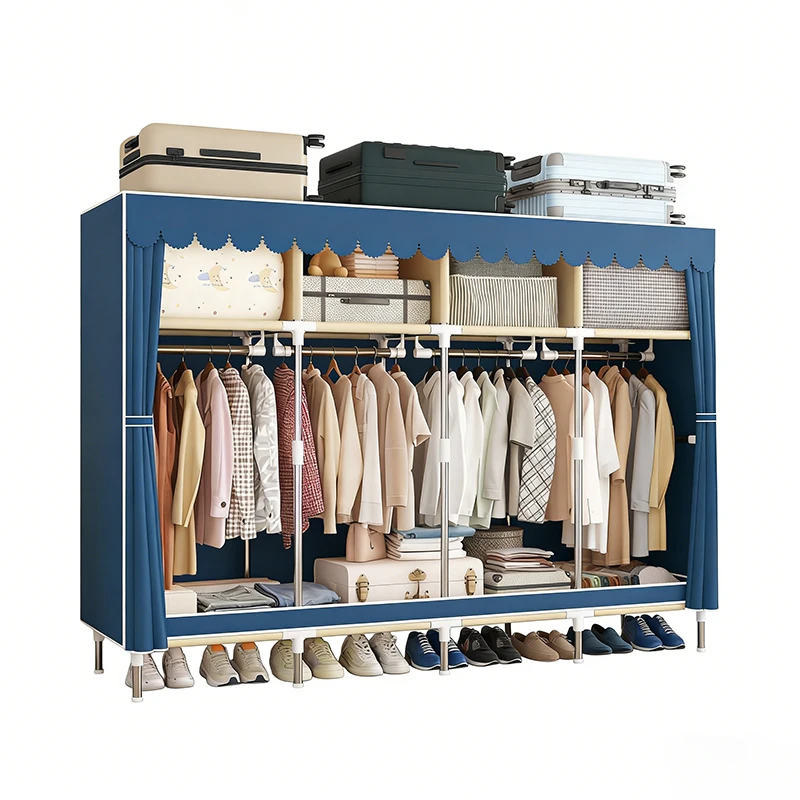 

ArluKin Metal frame wardrobe with dust cover storage rack foldable organizing furniture with hanging space for your living room