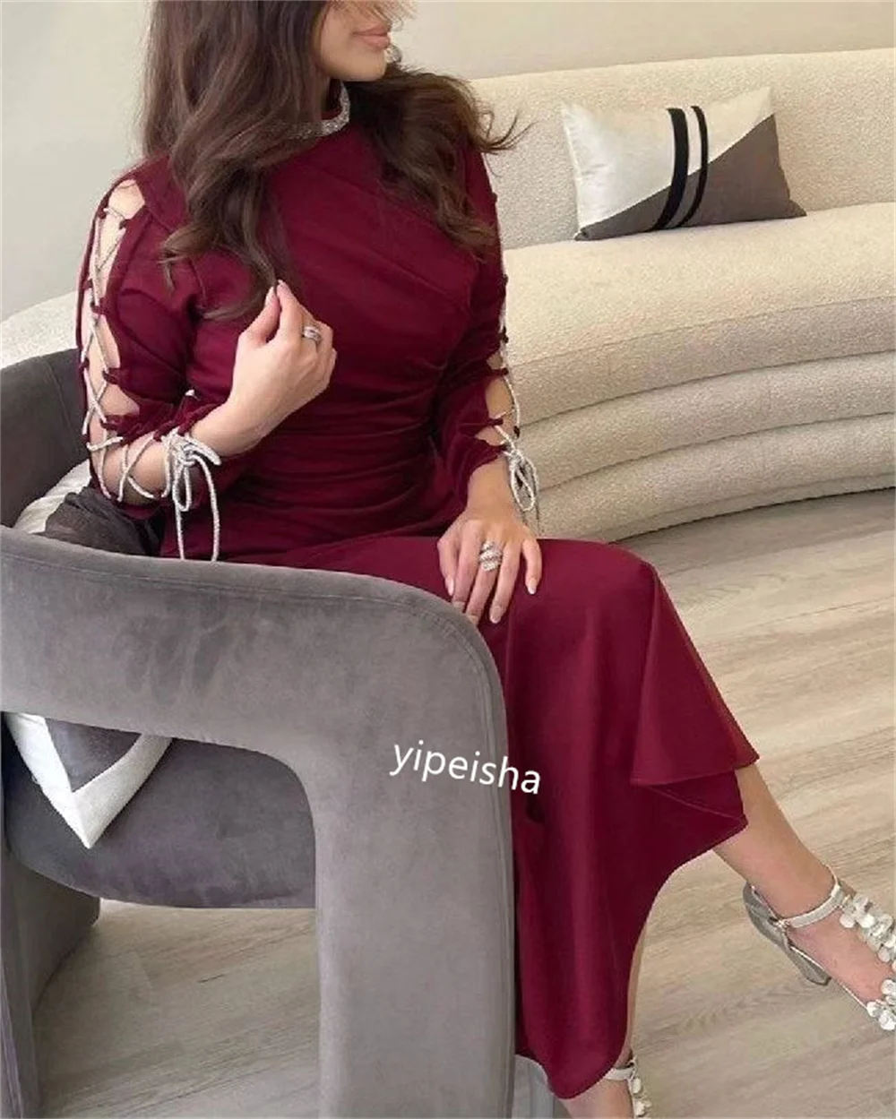 Evening Jersey Beading Criss-Cross Graduation A-line High Collar Bespoke Occasion Gown Midi Dresses Saudi Arabia