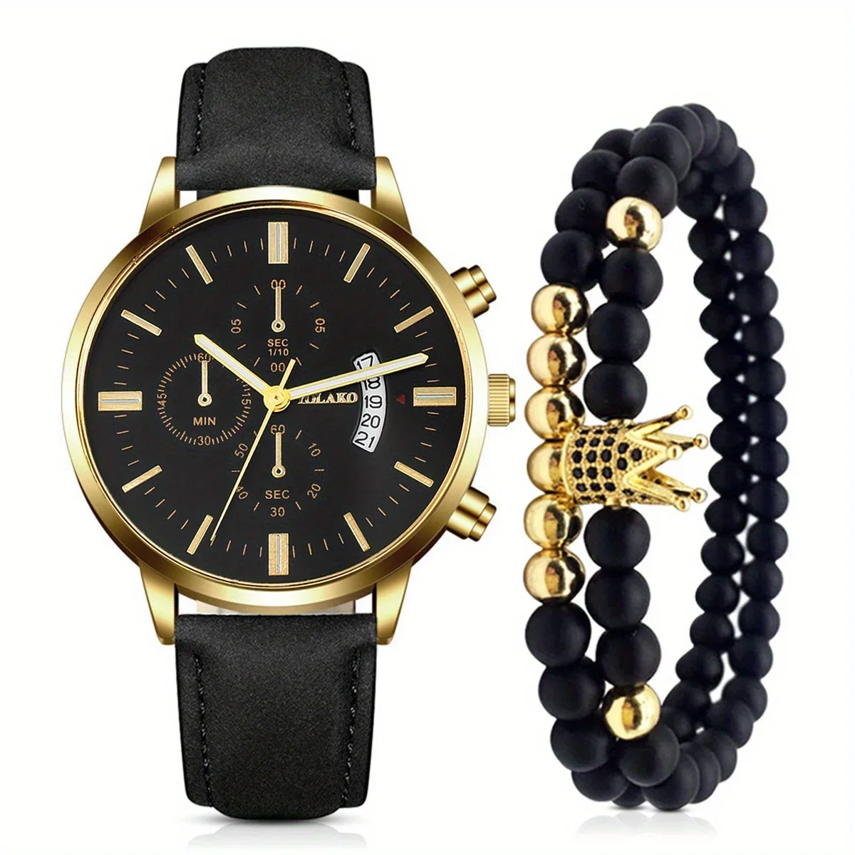 3 ชิ้นแฟชั่นธุรกิจหน้าปัดขนาดใหญ่ผู้ชายอเนกประสงค์ปฏิทินเข็มขัดนาฬิกาควอทซ์สีดําเคลือบ Rhinestone มงกุฎลูกปัดสตริง