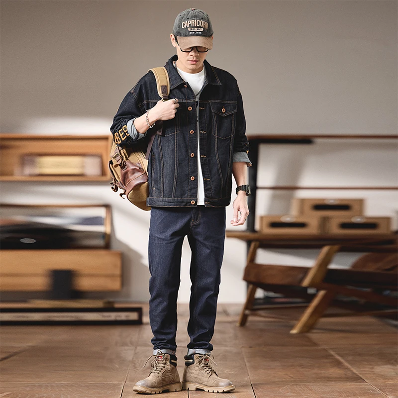 High quality European and American casual embroidered denim jacket men's loose jacket workwear set clothes for men