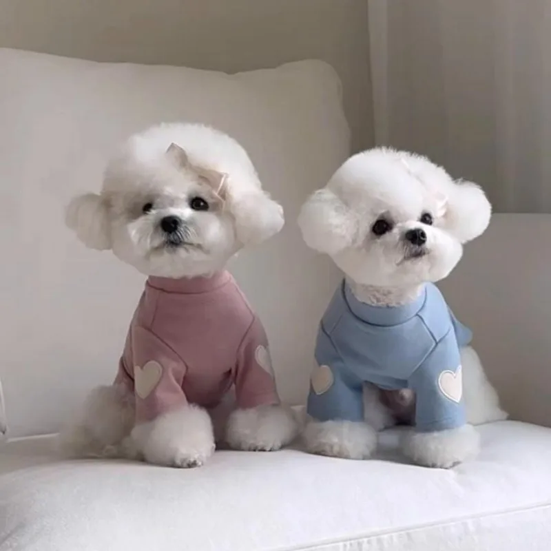 Winter Bichon Warm Bottom Shirt Teddy Yorkshire De Fleece Sweatshirt Pet Heart Embroidered Pullover Soft Dog Clothes