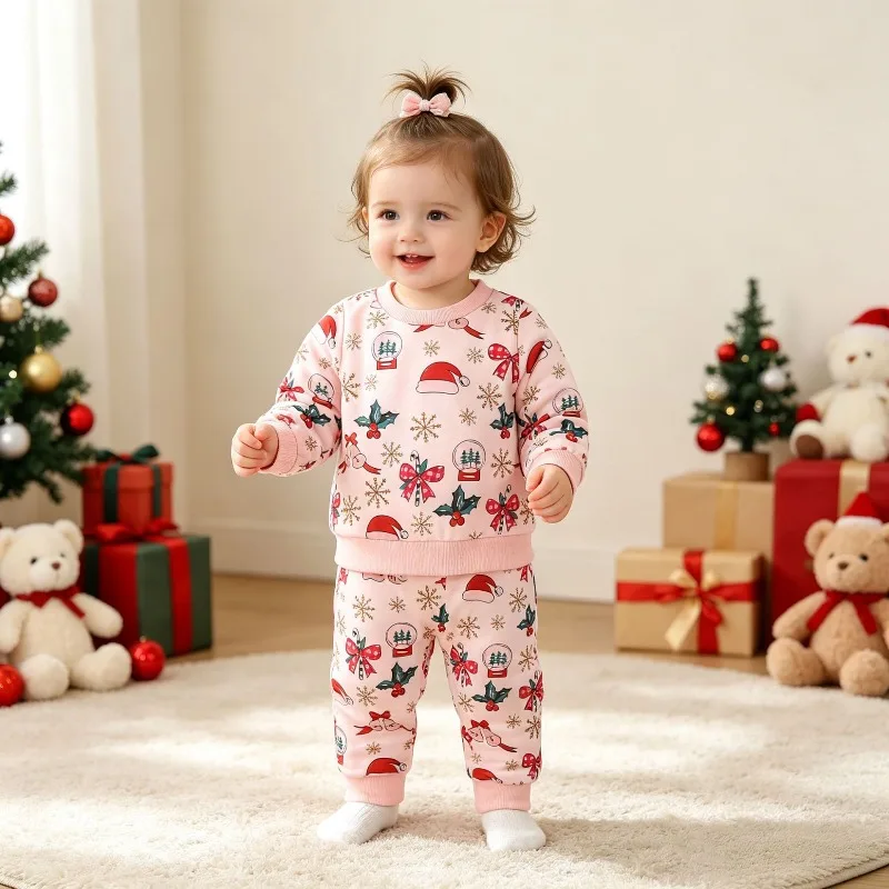 Newborn Infant Baby Girls Romper Outfit Set Pink Christmas Print Sweatshirt And Jogger Pants With Santa Tree Bow 0 36M
