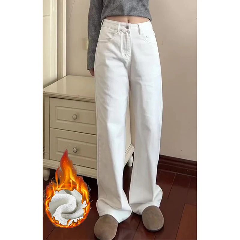

Зимние женские удобные термоджинсы с высокой талией для девочек, зимние теплые флисовые джинсовые брюки, женские корейские плюшевые прямые брюки