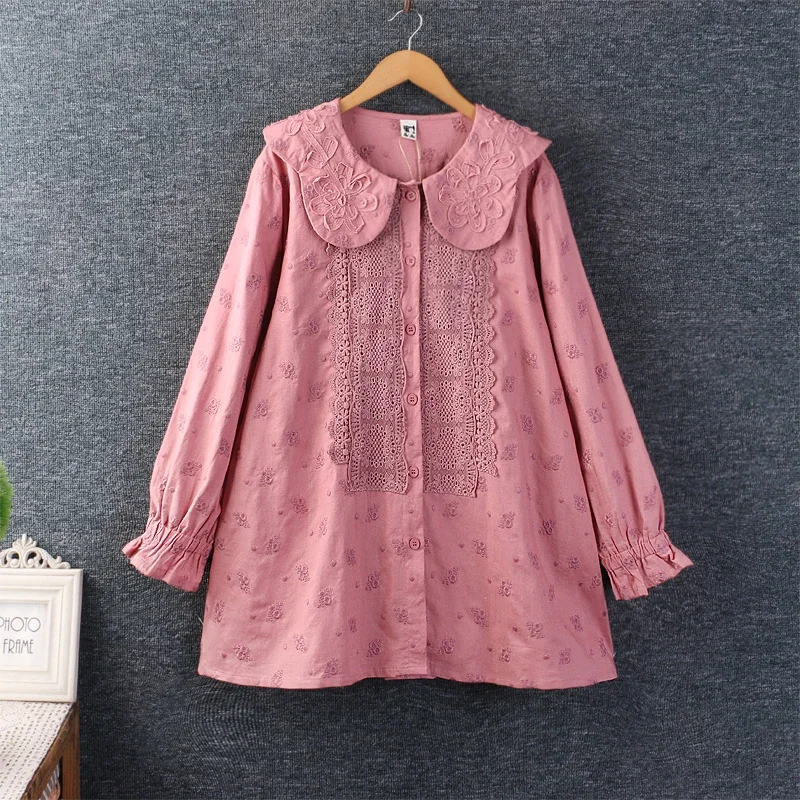 

Spring Sweet Mori Girl Hollow Out Embroidered Shirt Women Long Sleeve Single Breasted Casual Cotton Shirt Tops