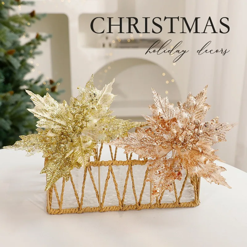 

26cm Artificial Christmas Flower Glitter Decorations Xmas Ornaments New Year Gift Gold Simulation Decorative Flower Pendants