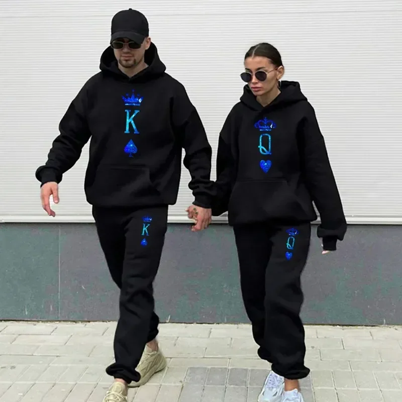 Para odzież sportowa KING QUEEN bluzy z kapturem z nadrukiem spodnie dwuczęściowy zestaw moda kochanek Streetwear mężczyźni kobiety pasująca odzież