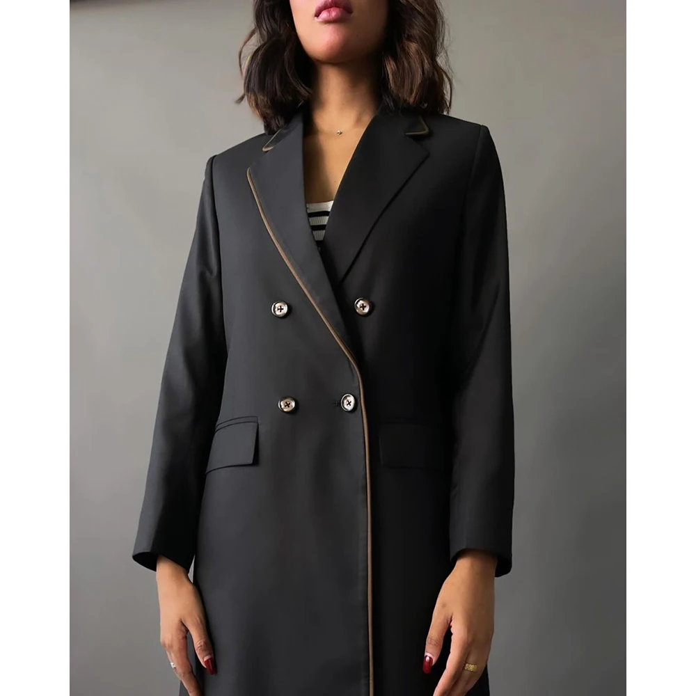 Blazer preto de peito duplo feminino, lapela de entalhe, frente plana, roupas femininas de luxo, outerwears elegantes personalizados, 2021, 1 pc