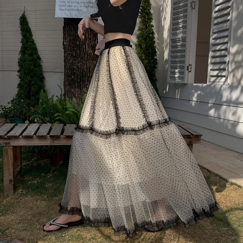 French Ruffle Color-Block Polka Dot Midi Skirt 2025 Women High Waist Draped Puff Skirts