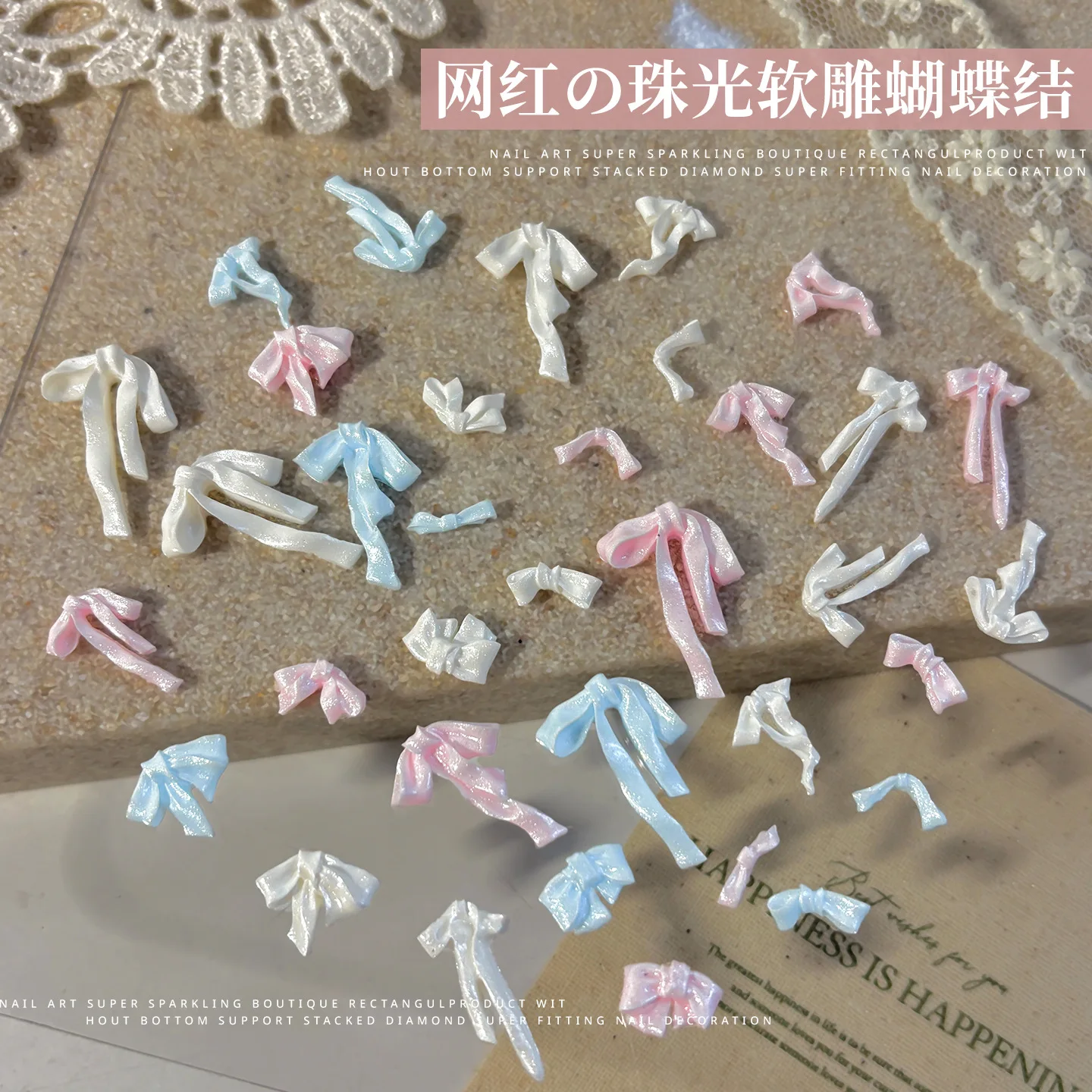 Nieuwe zachte gesneden strik nagelaccessoires gemengd roze blauw lint stropdas nageldecoraties