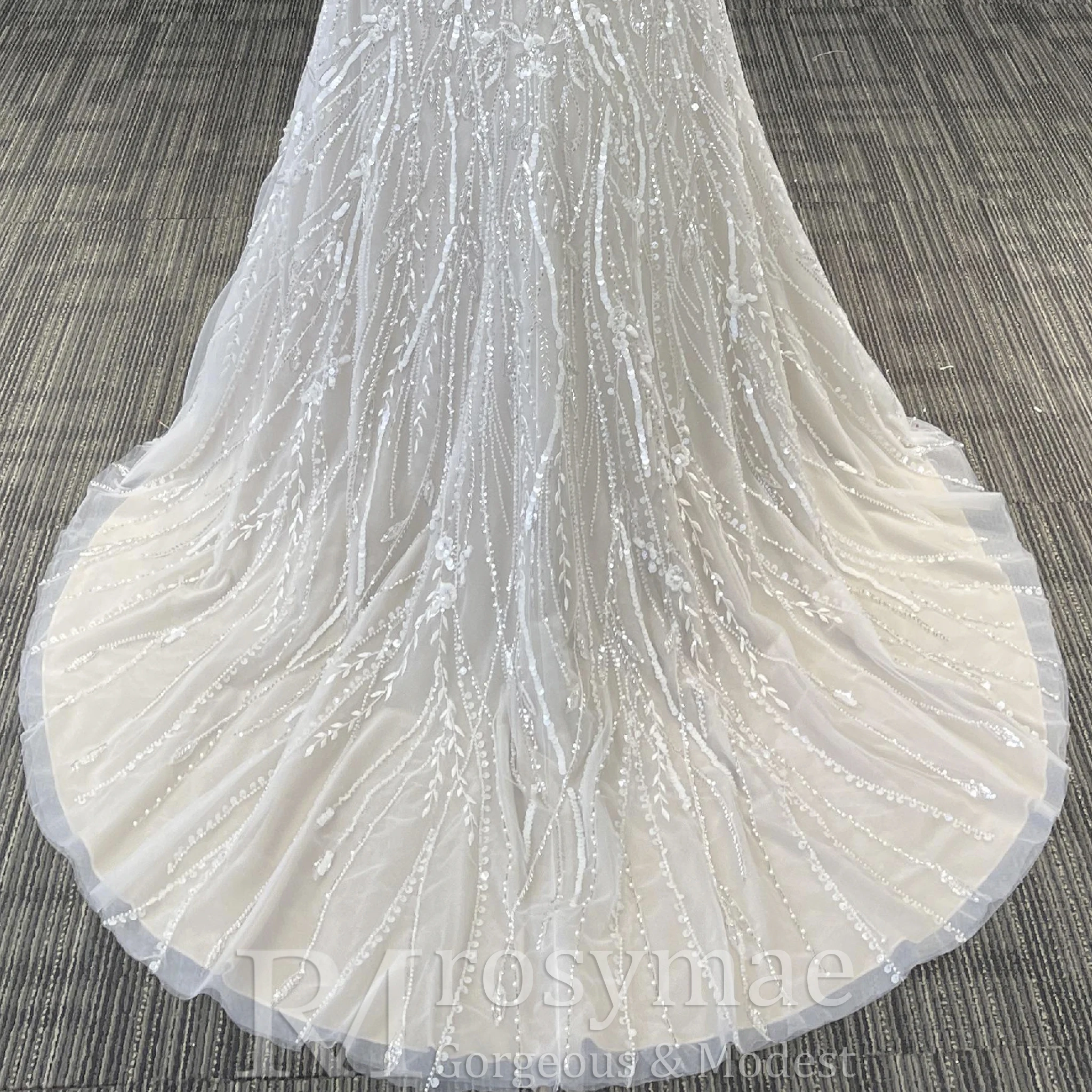 Rosymae-Meerjungfrau-Spitze-Langarm-Brautkleider, transparente Halskleider, Vestido de Novia Boda Civil