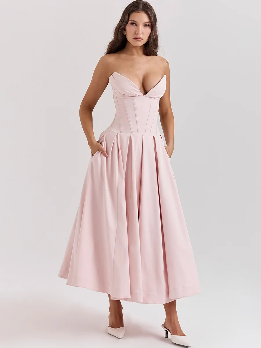 Dames Strapless Midi Tule Jurk Scharlaken Formele Gelegenheid Strapless Jurk Sexy Elegante Pasvorm En Flare Verjaardagsfeestjurken Rood