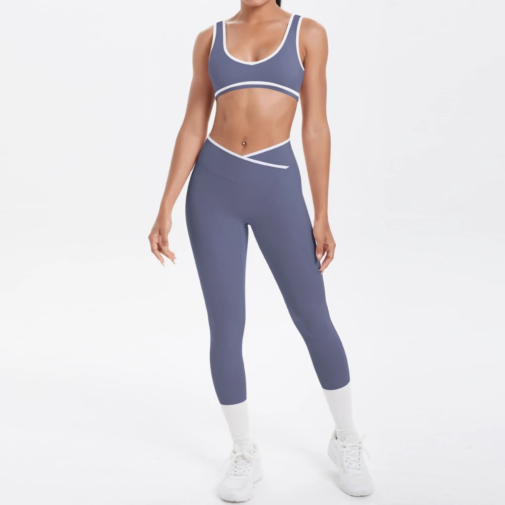 

Women New Arrival High-Waist Color-Block Yoga Bra and Wide-Leg Pants Two-Piece Set Cross Waist Design Hip-Lifting Sports Wear
