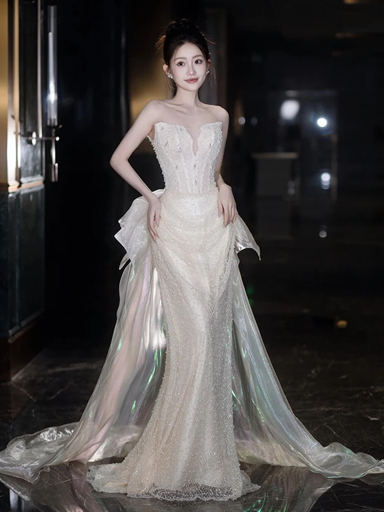 

Bridemaid Gown 2026 New Style Fish Tail Wedding Dress Sequin Hostess Performance Dress Elegant Long Evening Gown without Sleeve