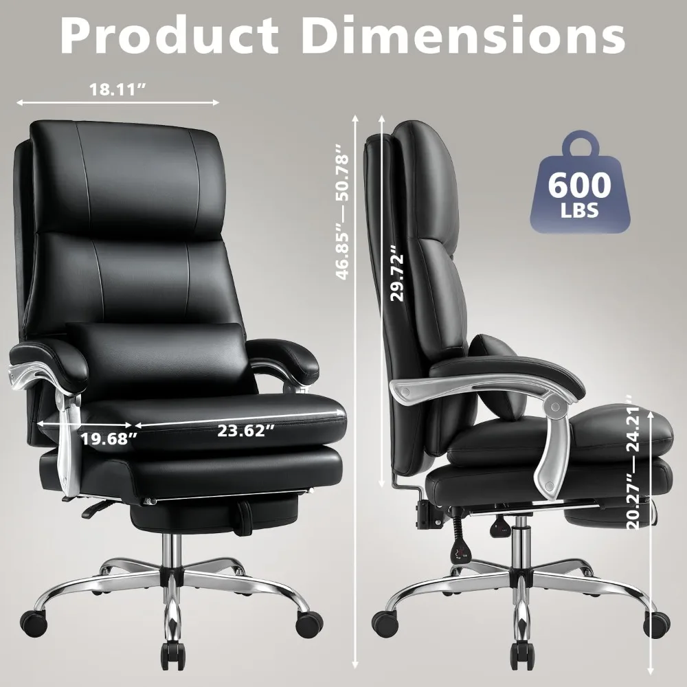 durable high-back leather office chair with footrest for up to 600lbs capacity
