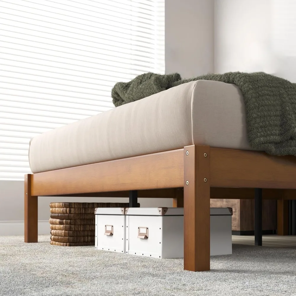 Cadre de lit plateforme Queen en bambou de 14 pouces avec support à lattes en bois, assemblage facile, aucun sommier tapissier nécessaire, finition marron