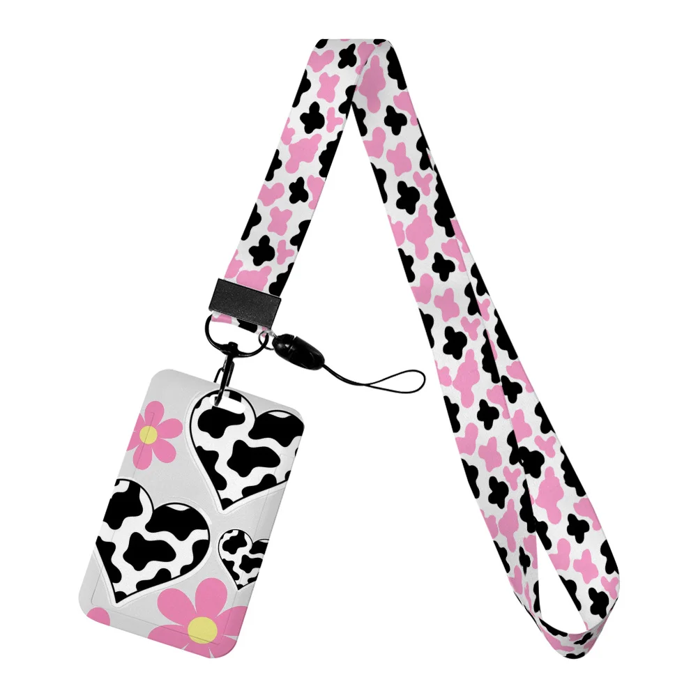 Cute Milk Cows Prints Work Card Holder Work Access Name Badge with Keychains Student Id Card Lanyard Holder Accessories