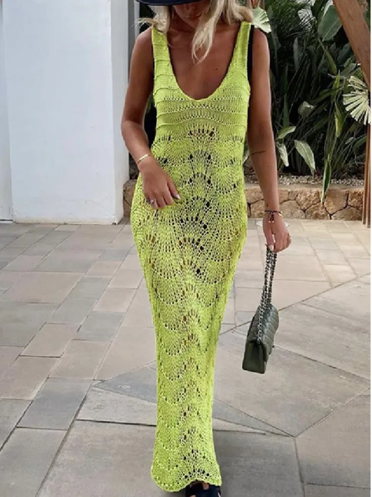 Summer New Sexy Women Bikini Cover-up Crochet Dress Sleeveless U-neck Hollow Out Slim Fit Summer Beach Long Dress 2023