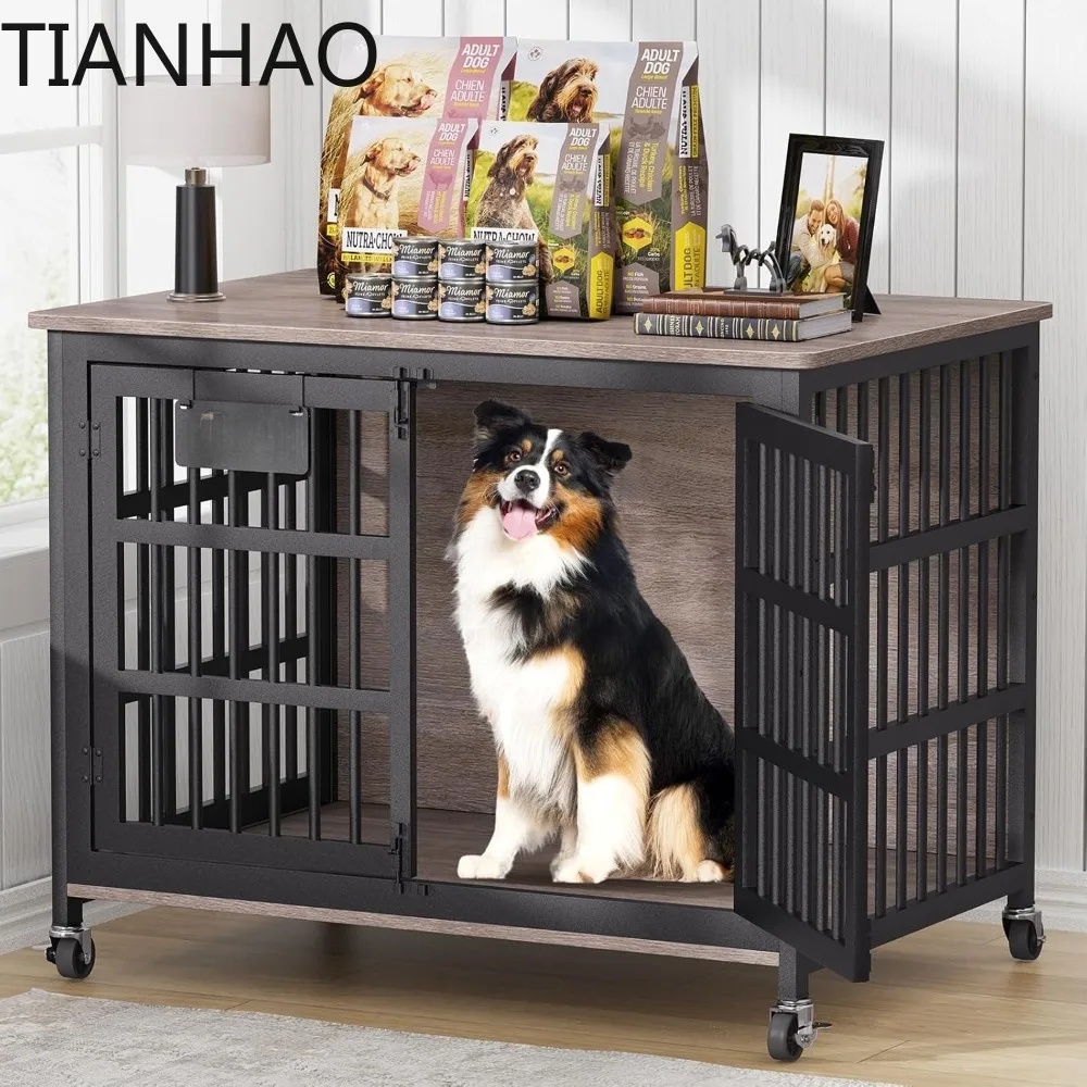 Dog Crate Furniture with Name Tag, Heavy Duty Dog Kennel Indoor for Large and Medium Dogs, Double-Doors Sturdy Dog