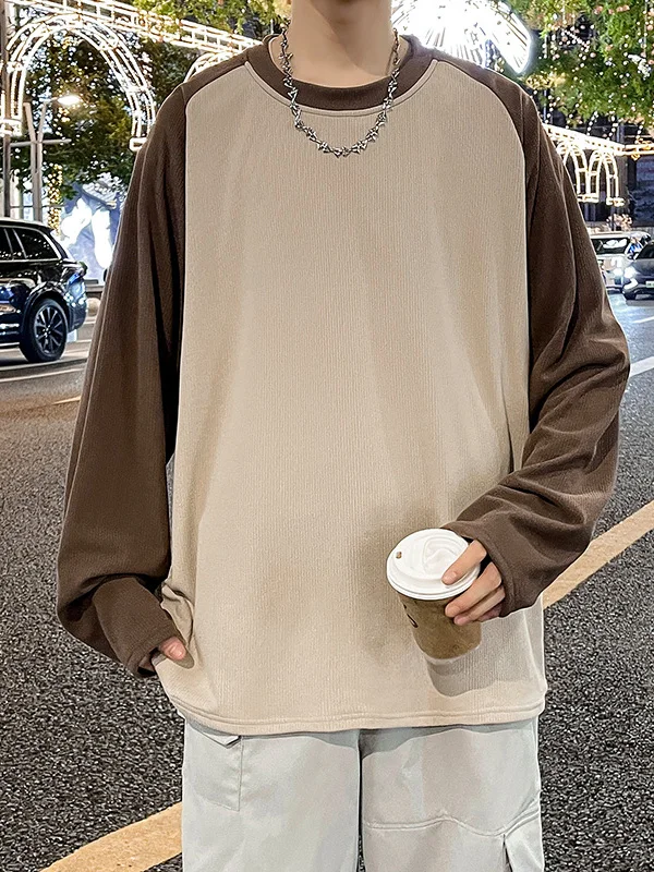 

Loose Fit Long Sleeve round Neck Casual Sweatshirt Men's Autumn Top Splice Shoulder Design Comfortable Polyester Fiber Tee