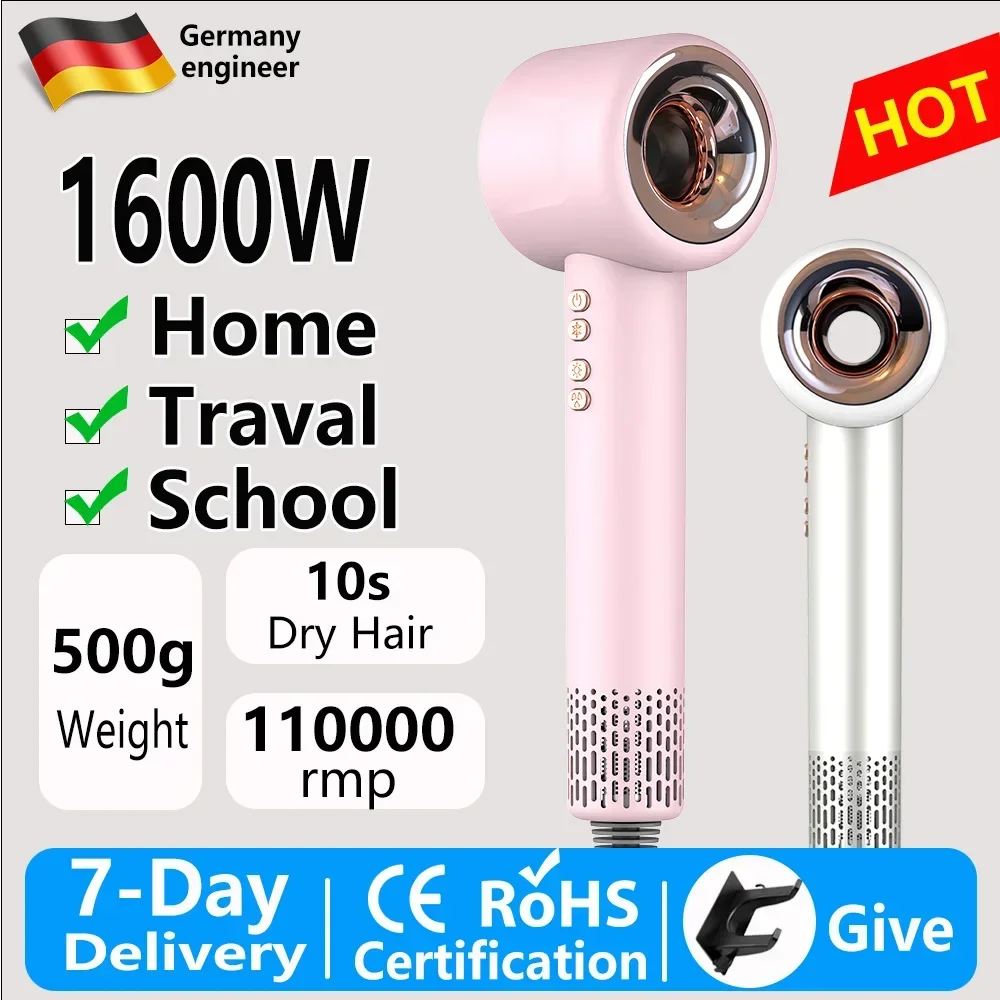 Electric Hair Dryer H501 High Speed Negative Ions 110,000 Rpm Professional Care Wind Speed 62m/s 1600W Quick Dry