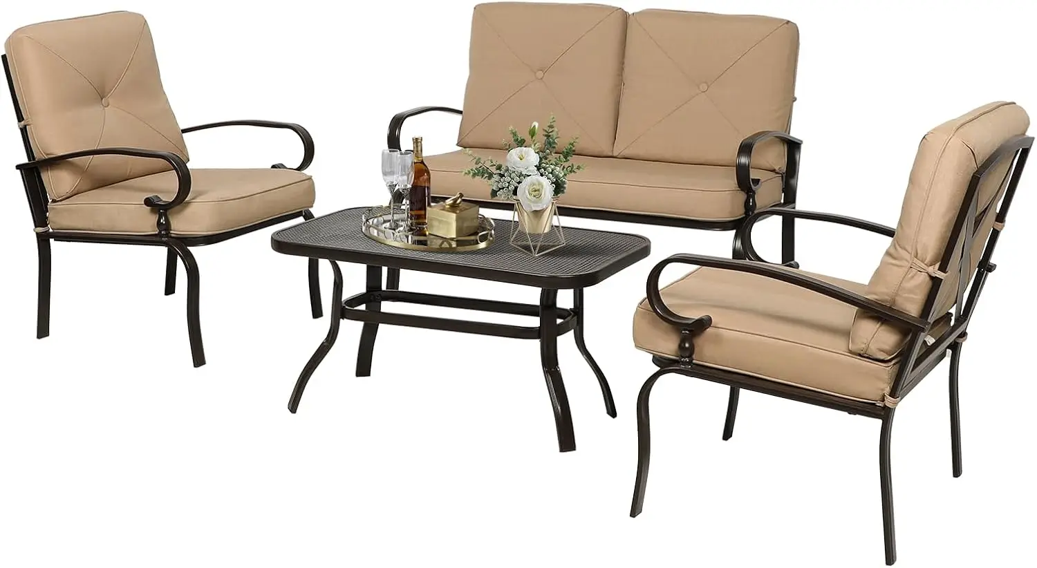 

4-Piece Outdoor Metal Furniture Sets Patio Conversation Set Wrought Iron Loveseat, 2 Single Chairs, Coffee Table with Cushion,