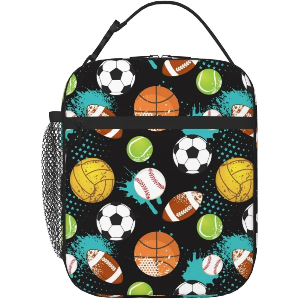 Soccer Baseball Insulated Lunch Bag,Kids Lunch Box For Girls Boys Teen,Kid Lunch Box Containers Cooler Bag With Front Pocket For