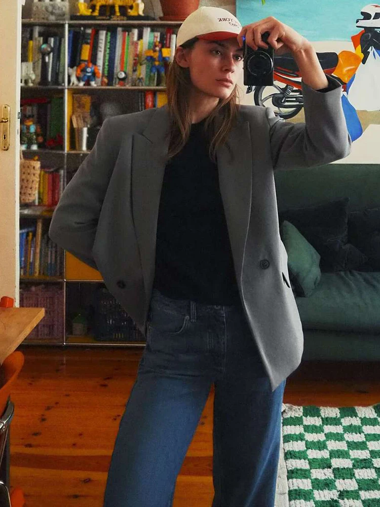 FSMG Casual Suit Lapel Long sleeves Loose Coat For Women Fashion Leisure Double Breasted Straight Blazer New Office Jackets Lady