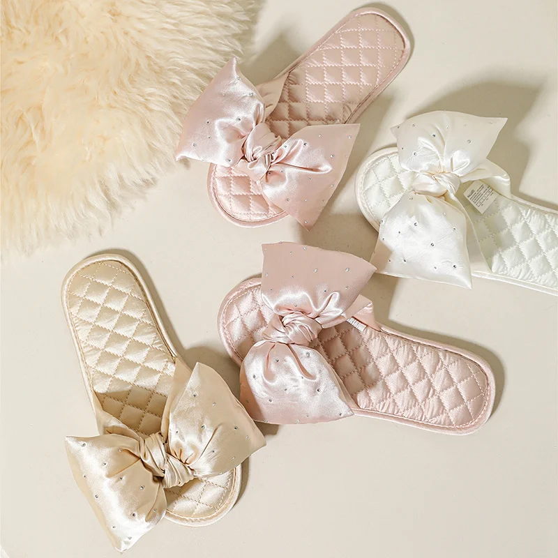 

Women Satin Slippers With Bowtie House Funny Ladies Casual Footwear Spring Indoor Shoes Summer Slides for Home