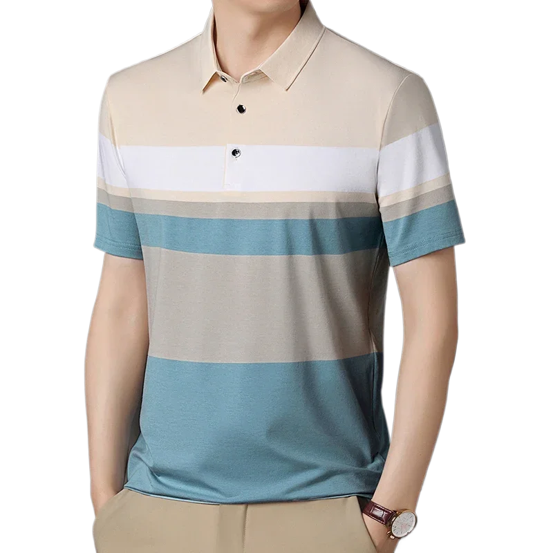 

New Summer High Quality Men's Business Casual Striped Polo Shirts Fashion Short Sleeve Cotton Tops Male Breathable Knitted Tees