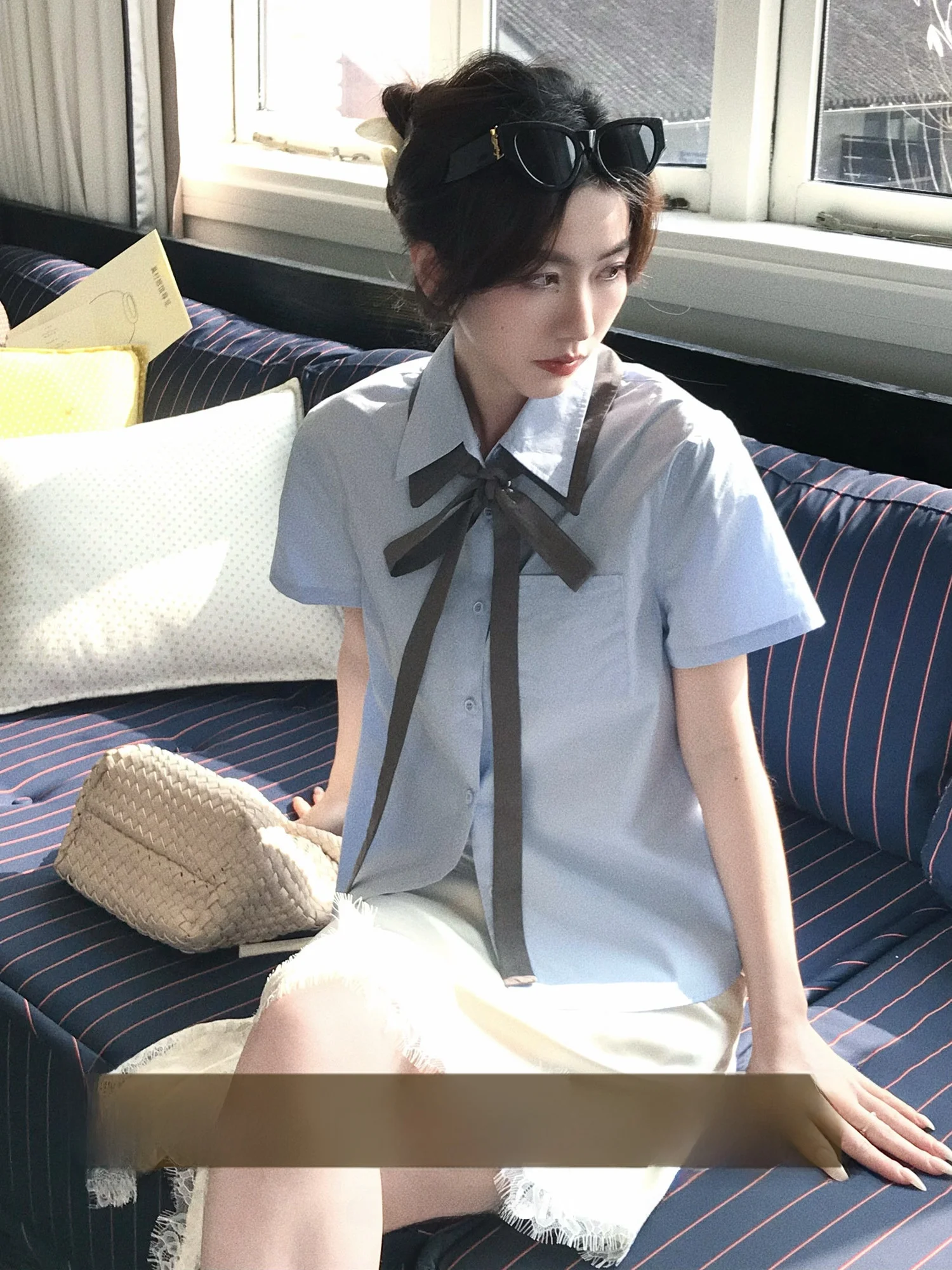 

Eton College Design Sensation Color Block Shirt Women's Commute Basic Shirt Fake Collar Tie Cotton Casual Style Short Sleeve