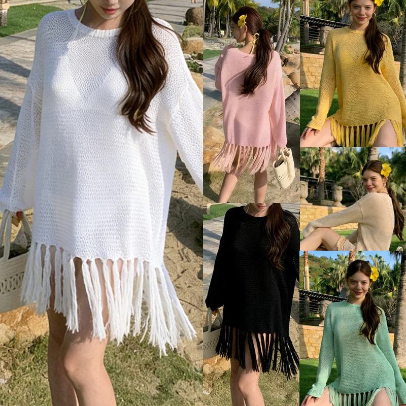 Women Summer Beach Cover Up Knit Openwork Tassel Loose Fit Round Neck Solid Color UV Protection Lightweight Flowy Sarong Top