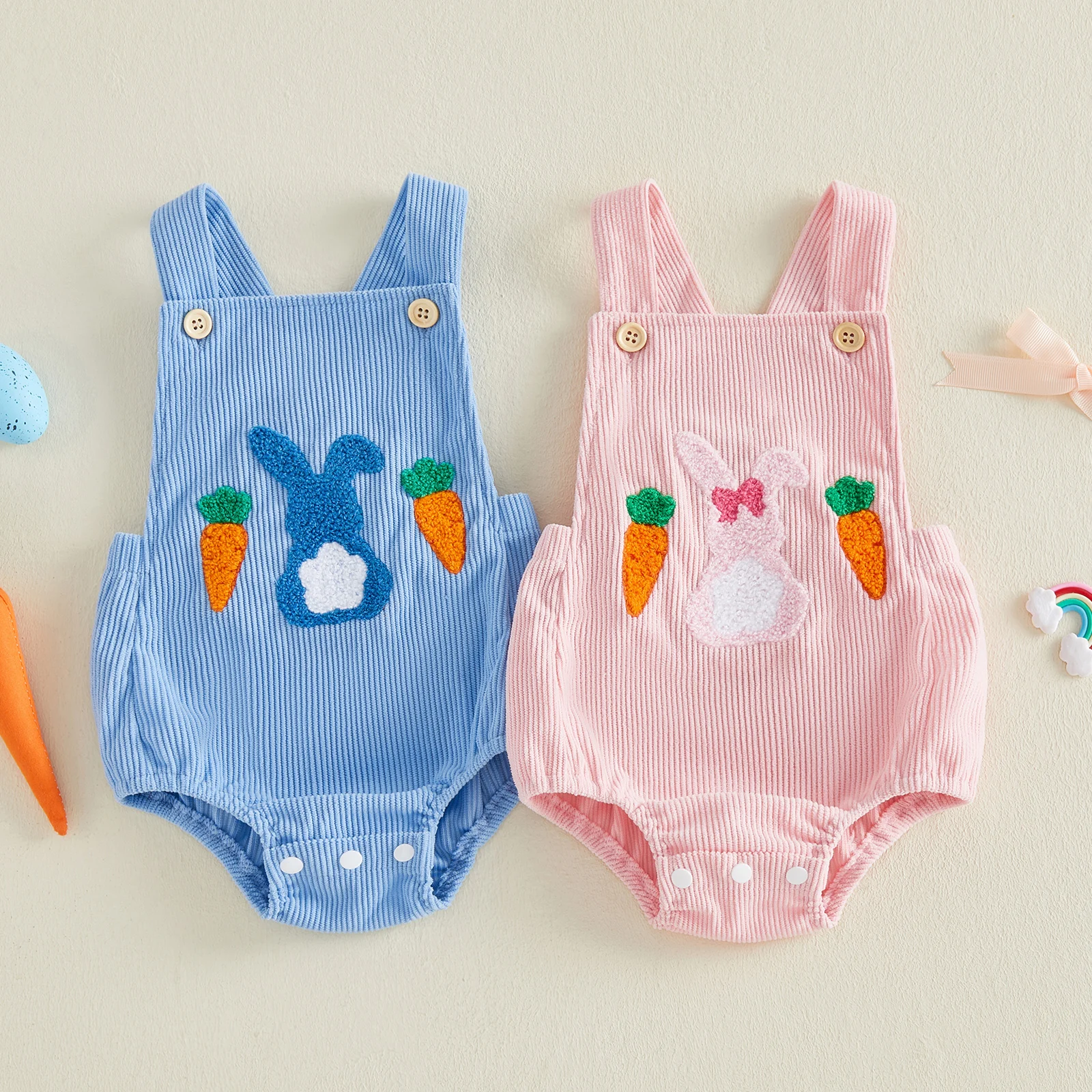 Citgeett Summer Easter Infant Baby Boys Girls Bodysuit Overalls Bunny Carrot Embroidery Sleeveless Jumpsuit Clothes