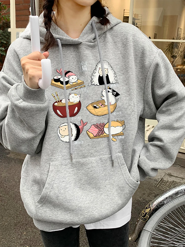 Sushi Cat\'s Day Harajuku Printed Hoody Womens Fashion Loose Clothing Autumn Fleece Sweatshirt Casual O-Neck Female Streetwear