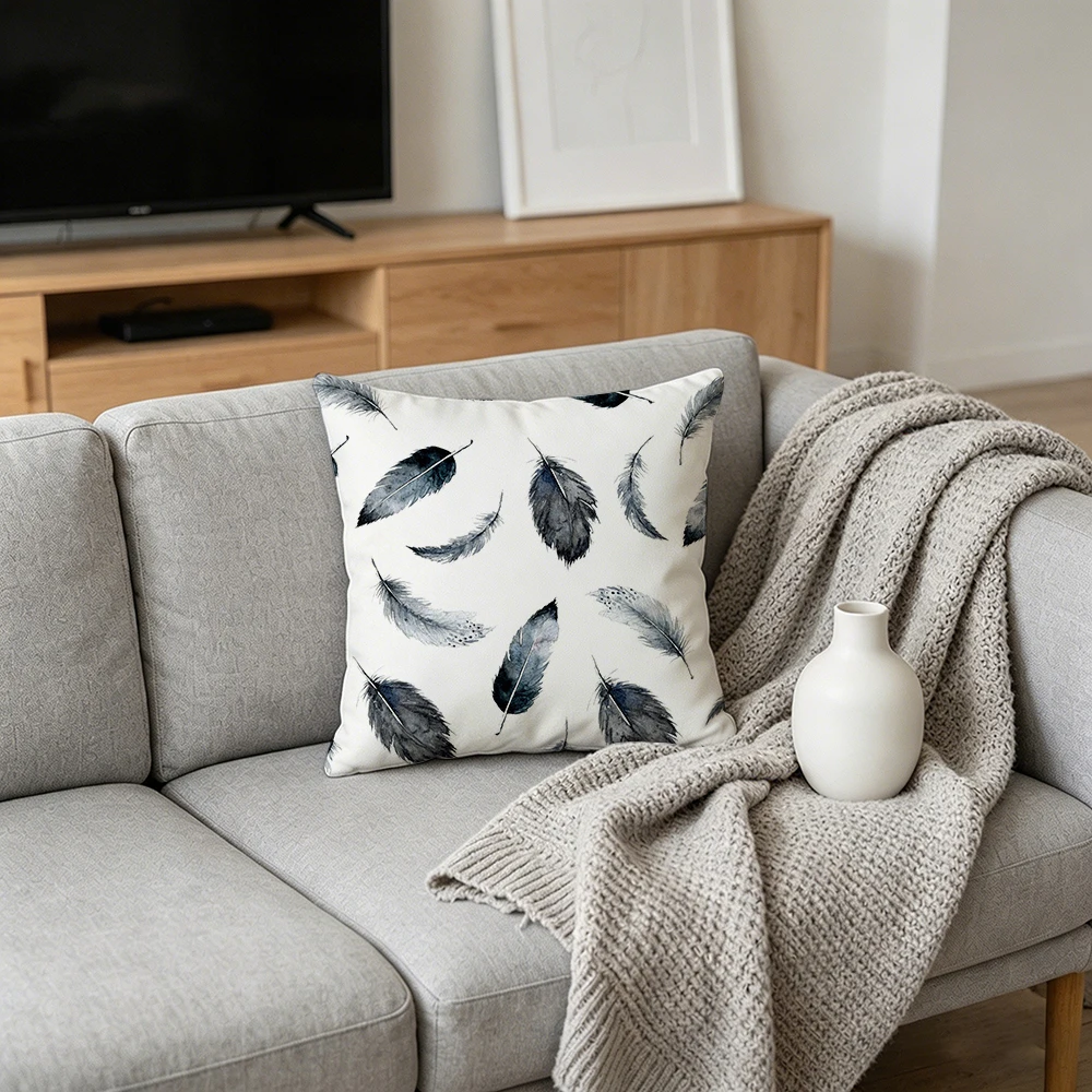 1PC Throw Pillow Cover,Blue Feather Pattern Print,Boho Botanical Style,For Sofa Bedroom Couch Home Decor